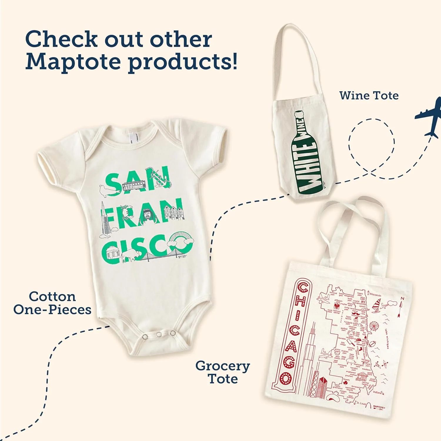 MAPTOTE Grocery Canvas Tote - Reusable Cotton Canvas Bag for Shopping, Daily Errands, Beach Trips and Travel - Screenprinted, Earth Friendly, and Made in USA - Map Style, Chicago