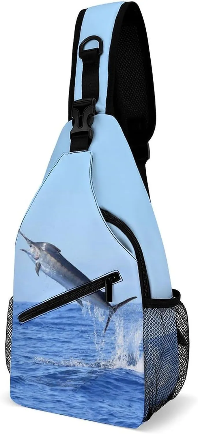 Marlin Fish Jumping Fashion Sling Bag Shoulder Chest Crossbody Bags for Women Men Backpack Daypack Travel Hiking