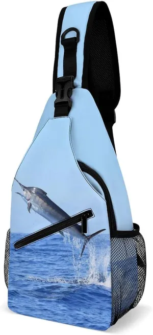 Marlin Fish Jumping Fashion Sling Bag Shoulder Chest Crossbody Bags for Women Men Backpack Daypack Travel Hiking