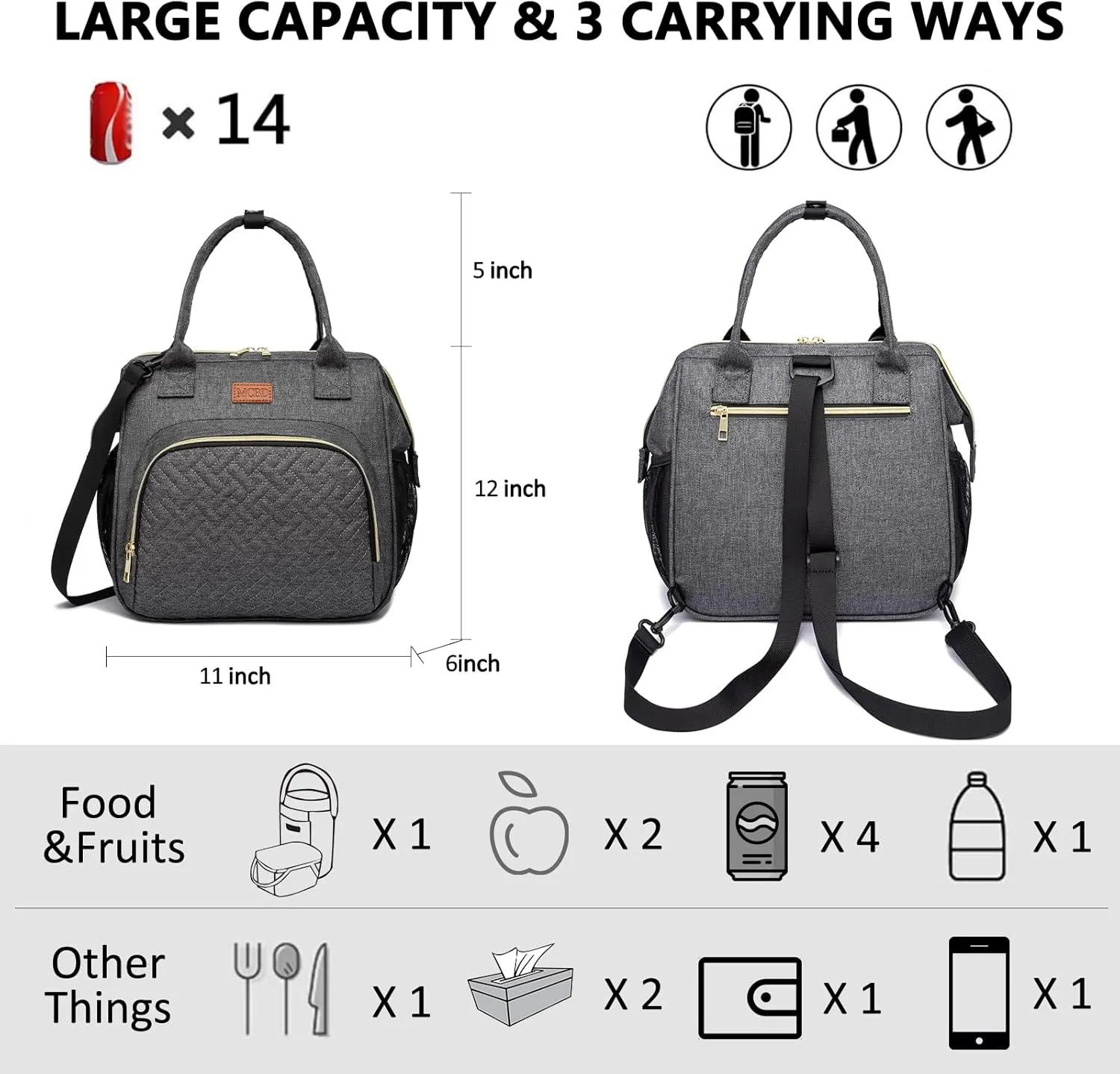 MCBD Lunch bags Insulated Lunch Box for Women,3 Carrying Way Large Tote Bag,Leakproof Reusable Cooler Backpack with Adjustable Shoulder Strap for Office Picnic Beach