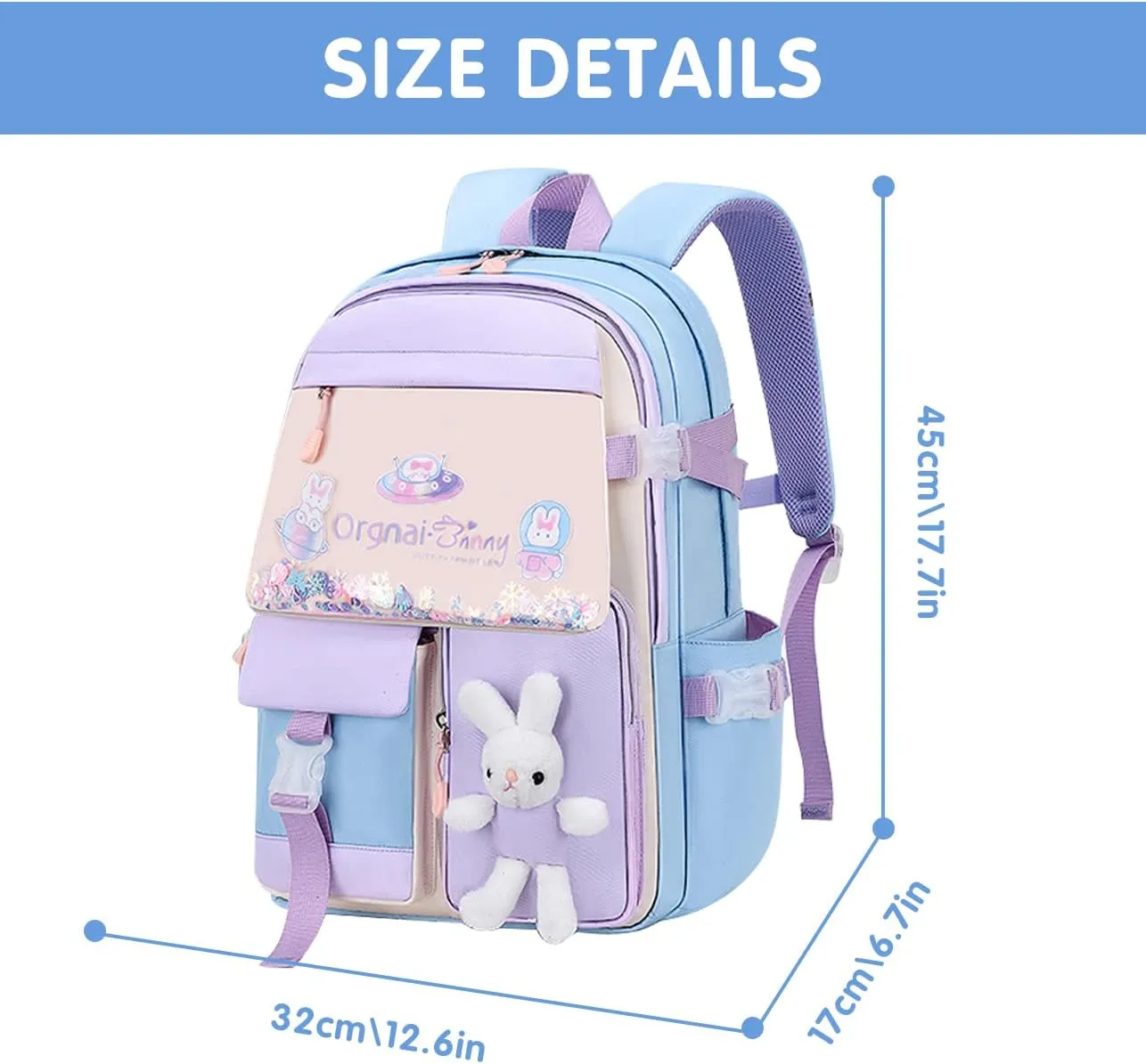 MCWTH School Backpack for Girls, Lightweight Waterproof Cute Bunny School Bookbag for Teen Kids Students Elementary (Rabbit Blue)