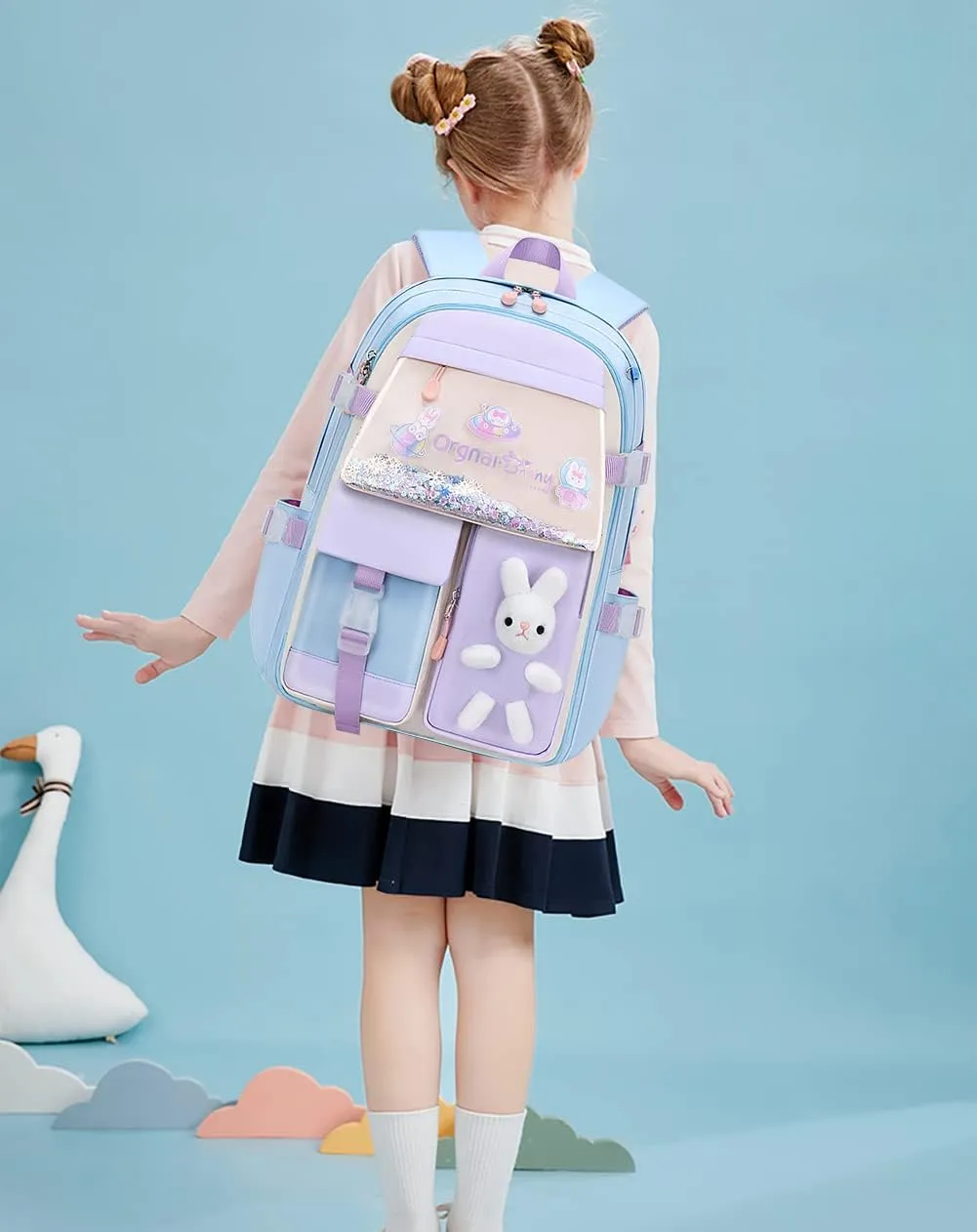MCWTH School Backpack for Girls, Lightweight Waterproof Cute Bunny School Bookbag for Teen Kids Students Elementary (Rabbit Blue)