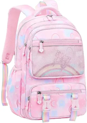 MCWTH School Backpack for Girls, Lightweight Waterproof Cute Butterfly School Bookbag for Teen Kids Students Elementary (Butterfly Pink)