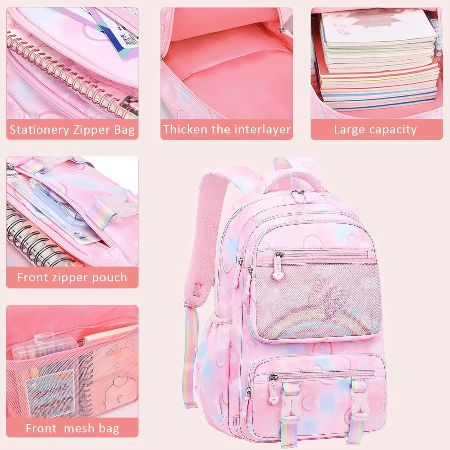 MCWTH School Backpack for Girls, Lightweight Waterproof Cute Butterfly School Bookbag for Teen Kids Students Elementary (Butterfly Pink)
