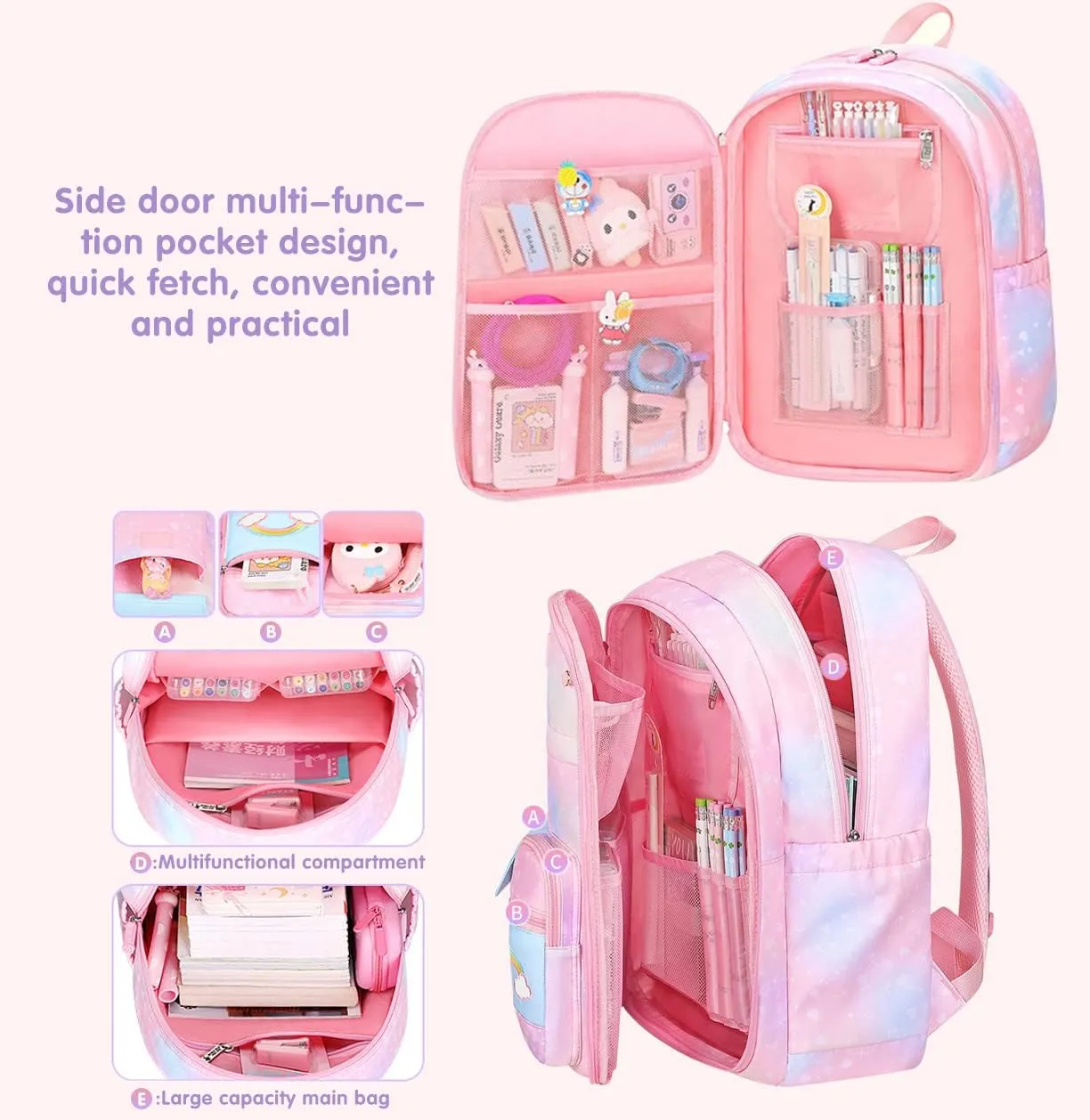 MCWTH School Backpack for Girls, Lightweight Waterproof Cute Rainbow School Bookbag for Teen Kids Students Elementary (Rainbow Pink) Large