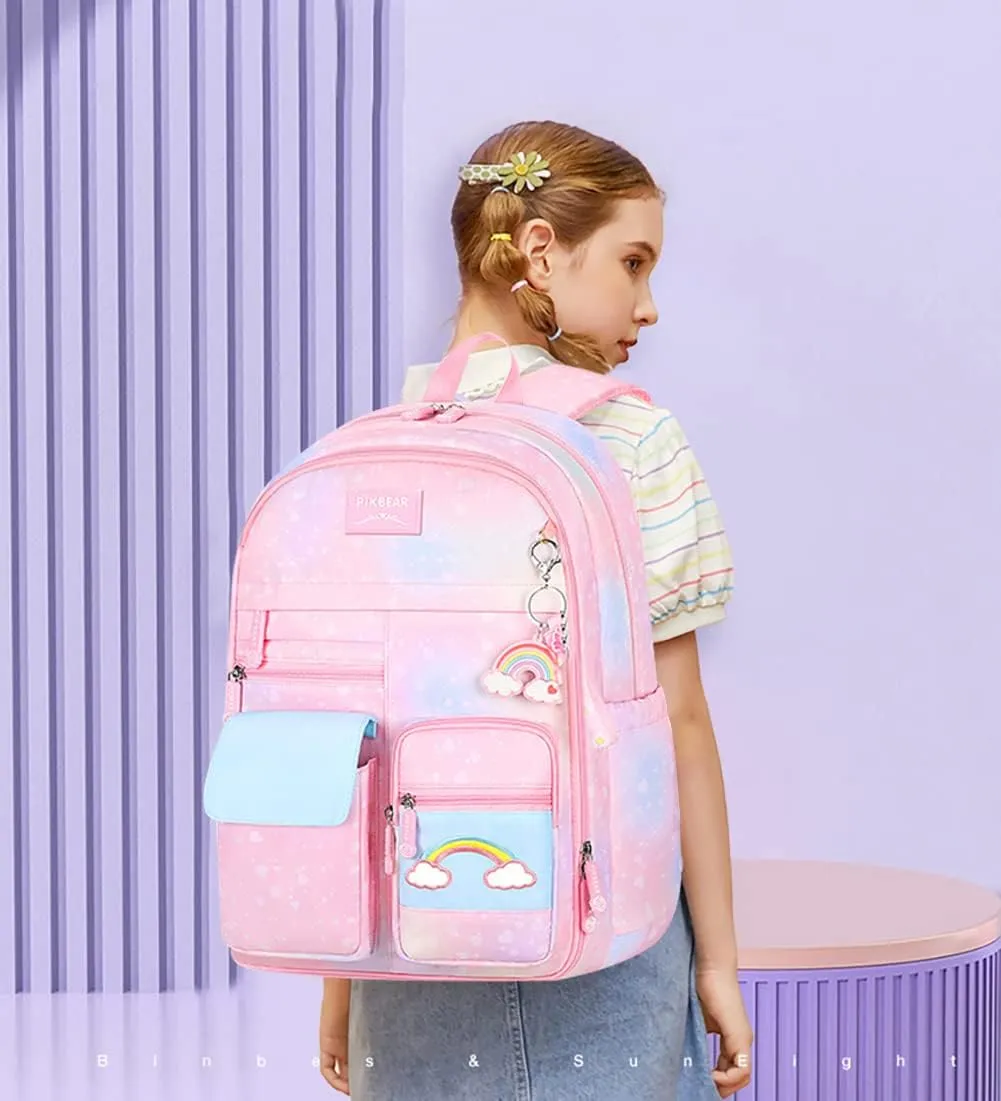 MCWTH School Backpack for Girls, Lightweight Waterproof Cute Rainbow School Bookbag for Teen Kids Students Elementary (Rainbow Pink) Large