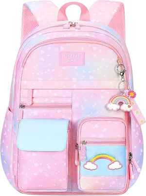 MCWTH School Backpack for Girls, Lightweight Waterproof Cute Rainbow School Bookbag for Teen Kids Students Elementary (Rainbow Pink) Large