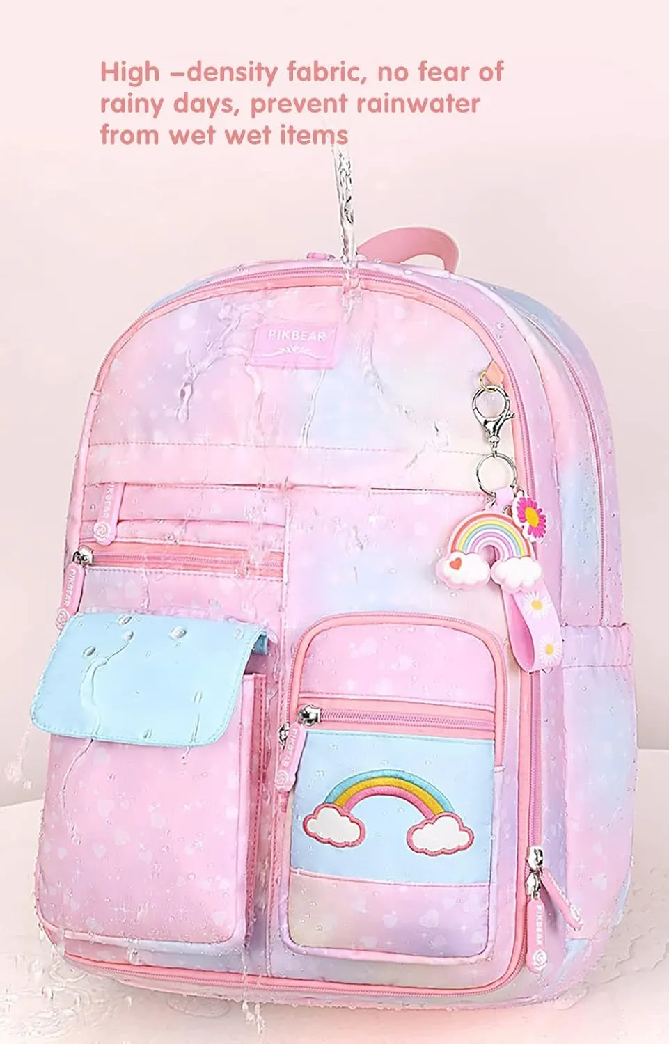 MCWTH School Backpack for Girls, Lightweight Waterproof Cute Rainbow School Bookbag for Teen Kids Students Elementary (Rainbow Pink) Large