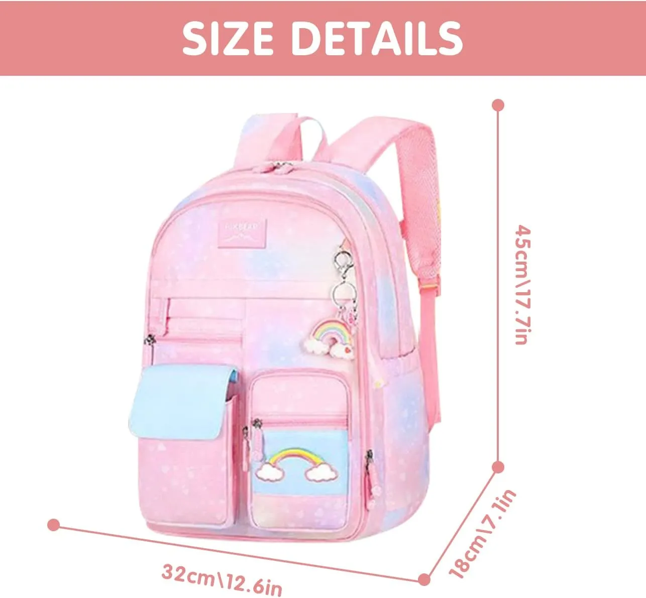 MCWTH School Backpack for Girls, Lightweight Waterproof Cute Rainbow School Bookbag for Teen Kids Students Elementary (Rainbow Pink) Large