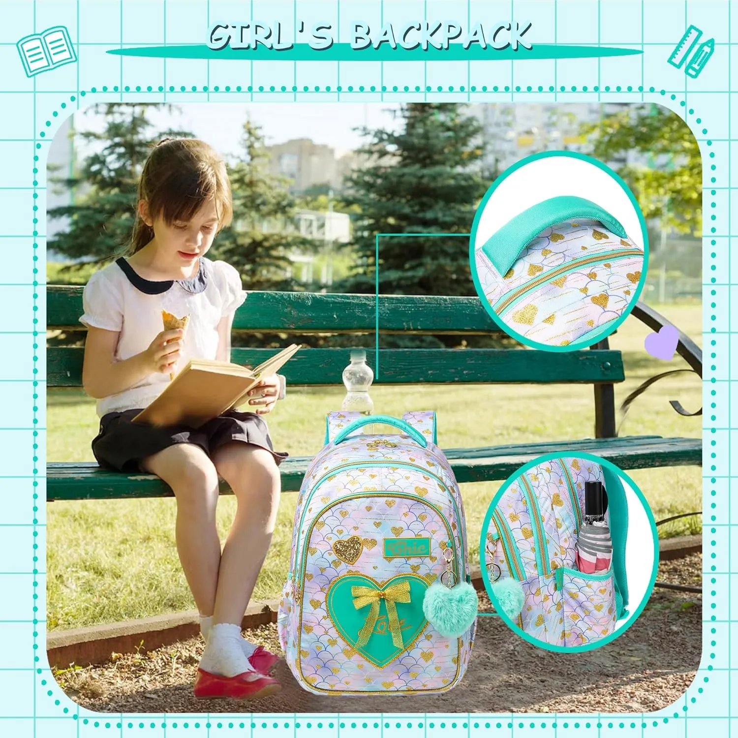 Meetbelify Kids Backpacks for Girls Backpacks for School Kids Canvas Travel Laptop Backpack with Lunch Box for Elementary Students Girls Back to School Bookbag Ages 8-10