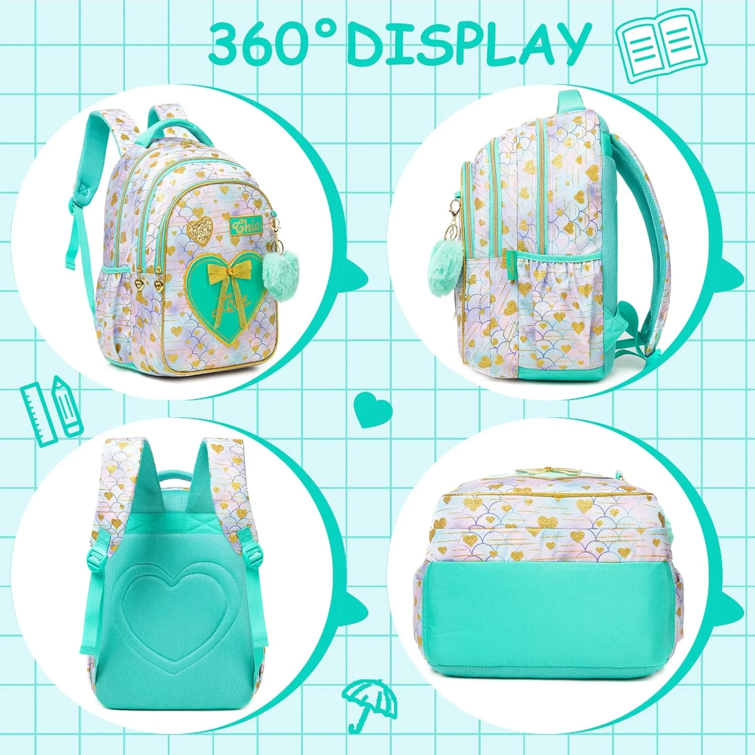 Meetbelify Kids Backpacks for Girls Backpacks for School Kids Canvas Travel Laptop Backpack with Lunch Box for Elementary Students Girls Back to School Bookbag Ages 8-10