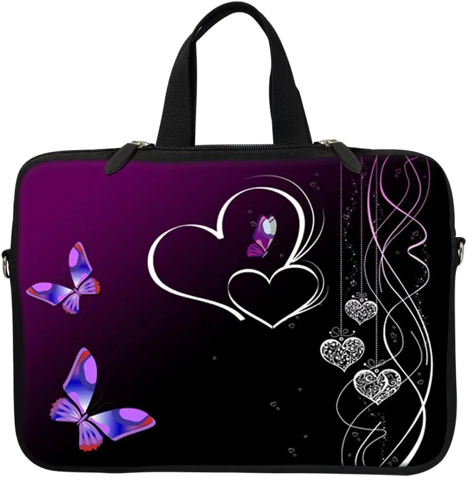 Meffort Inc 12 Inch Neoprene Laptop Sleeve - Water Resistant, Hidden Handle, Dual Zipper, Fits Up to 11.6” - 12" Laptops - Purple Butterfly Heart