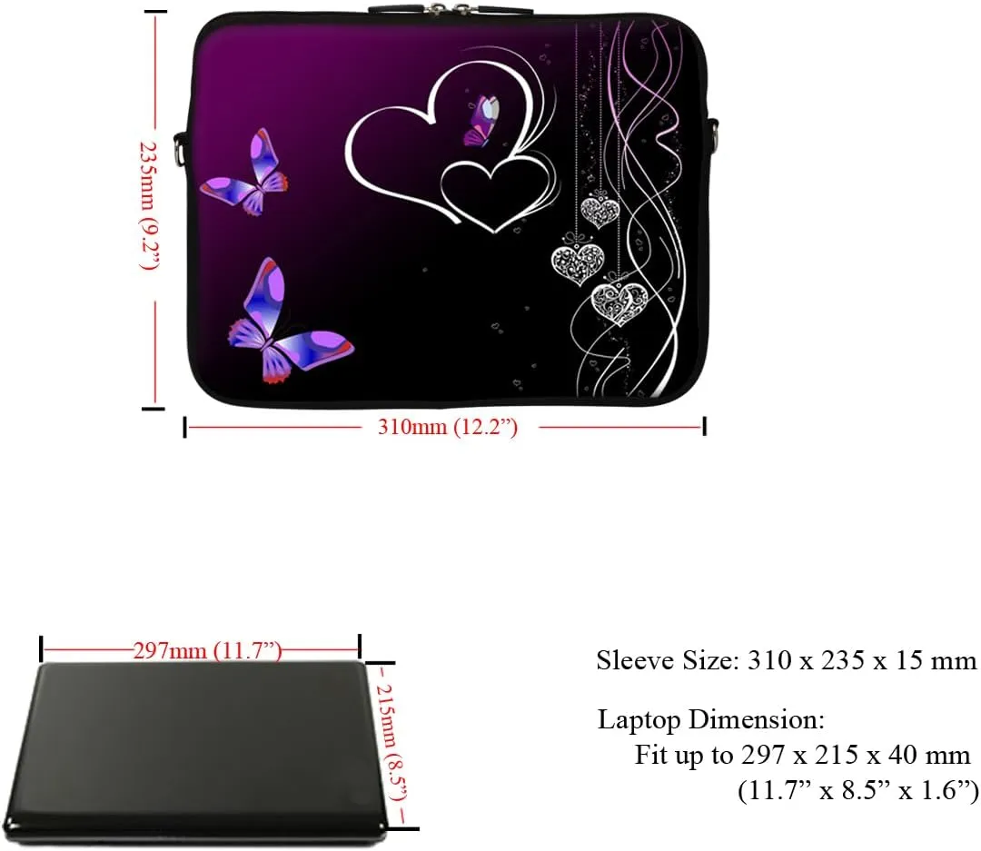Meffort Inc 12 Inch Neoprene Laptop Sleeve - Water Resistant, Hidden Handle, Dual Zipper, Fits Up to 11.6” - 12" Laptops - Purple Butterfly Heart