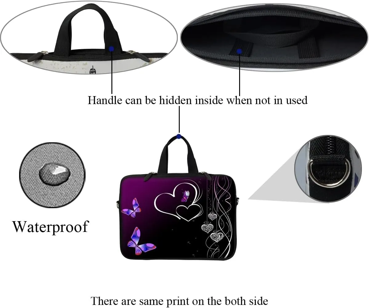 Meffort Inc 12 Inch Neoprene Laptop Sleeve - Water Resistant, Hidden Handle, Dual Zipper, Fits Up to 11.6” - 12" Laptops - Purple Butterfly Heart