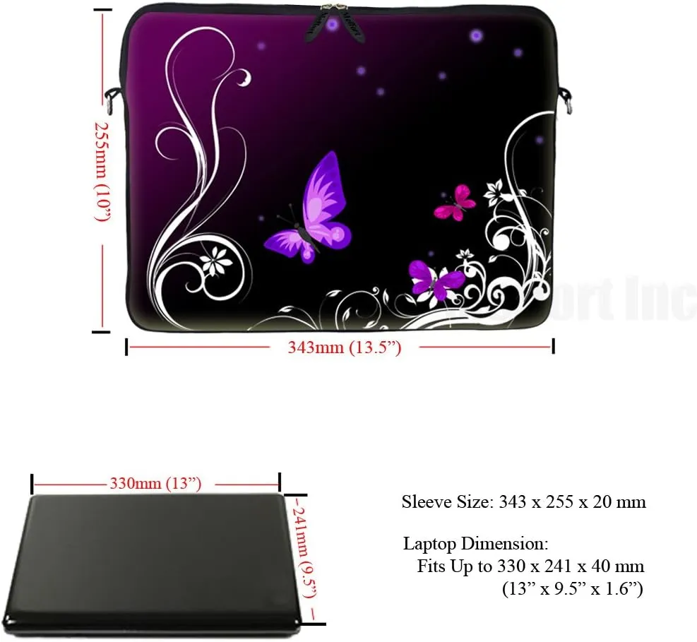 Meffort Inc 13 13.3 Inch Neoprene Laptop/Ultrabook/Chromebook Bag Carrying Sleeve with Hidden Handle and Adjustable Shoulder Strap - Purple Butterfly 2