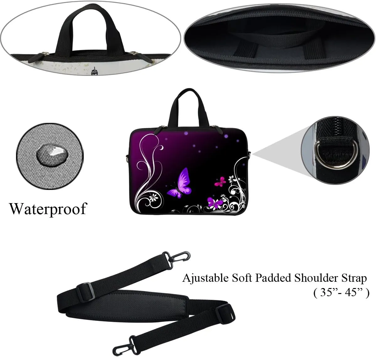 Meffort Inc 13 13.3 Inch Neoprene Laptop/Ultrabook/Chromebook Bag Carrying Sleeve with Hidden Handle and Adjustable Shoulder Strap - Purple Butterfly 2