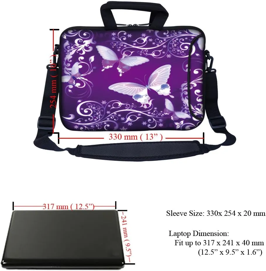 Meffort Inc 13.3 Inch Neoprene Laptop Bag with Extra Side Pocket Compatible with 12.5" to 13.3" MacBooks Chromebooks & Laptops - Purple Butterflies