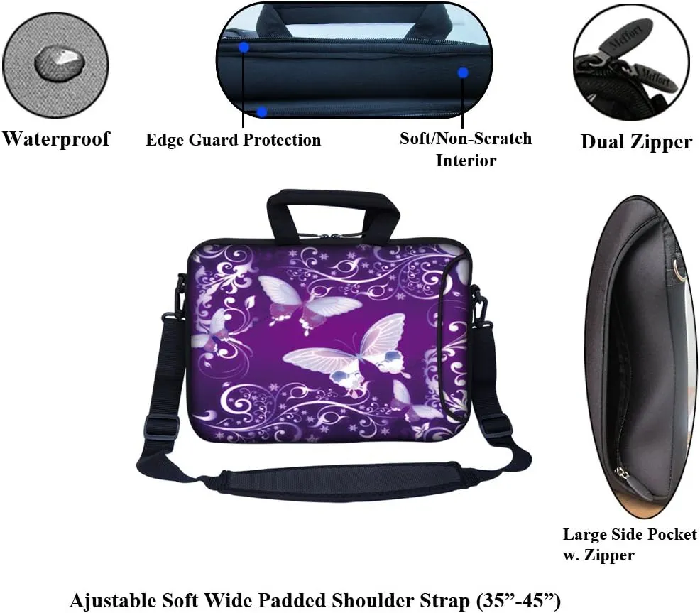 Meffort Inc 13.3 Inch Neoprene Laptop Bag with Extra Side Pocket Compatible with 12.5" to 13.3" MacBooks Chromebooks & Laptops - Purple Butterflies