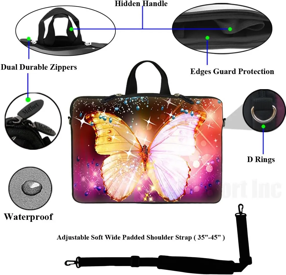 Meffort Inc 15 15.6 inch Neoprene Laptop Sleeve Bag Carrying Case with Hidden Handle and Adjustable Shoulder Strap - Big Bright Butterfly