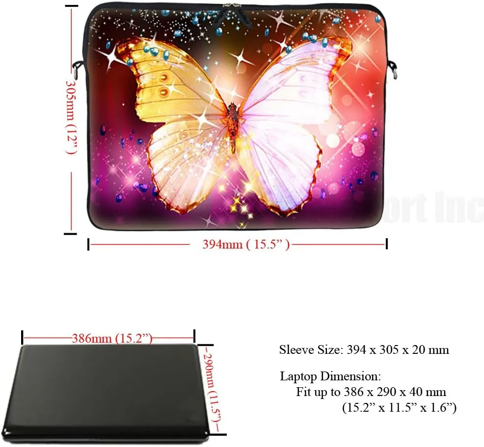 Meffort Inc 15 15.6 inch Neoprene Laptop Sleeve Bag Carrying Case with Hidden Handle and Adjustable Shoulder Strap - Big Bright Butterfly