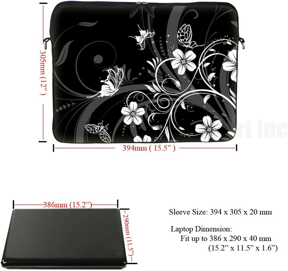 Meffort Inc 15 15.6 inch Neoprene Laptop Sleeve Bag Carrying Case with Hidden Handle and Adjustable Shoulder Strap - Black White Flower Butterfly