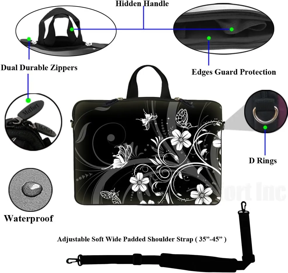 Meffort Inc 15 15.6 inch Neoprene Laptop Sleeve Bag Carrying Case with Hidden Handle and Adjustable Shoulder Strap - Black White Flower Butterfly