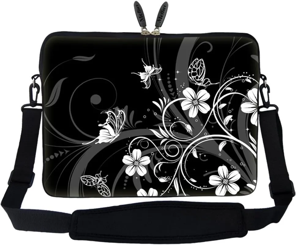 Meffort Inc 15 15.6 inch Neoprene Laptop Sleeve Bag Carrying Case with Hidden Handle and Adjustable Shoulder Strap - Black White Flower Butterfly