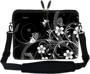 Meffort Inc 15 15.6 inch Neoprene Laptop Sleeve Bag Carrying Case with Hidden Handle and Adjustable Shoulder Strap - Black White Flower Butterfly