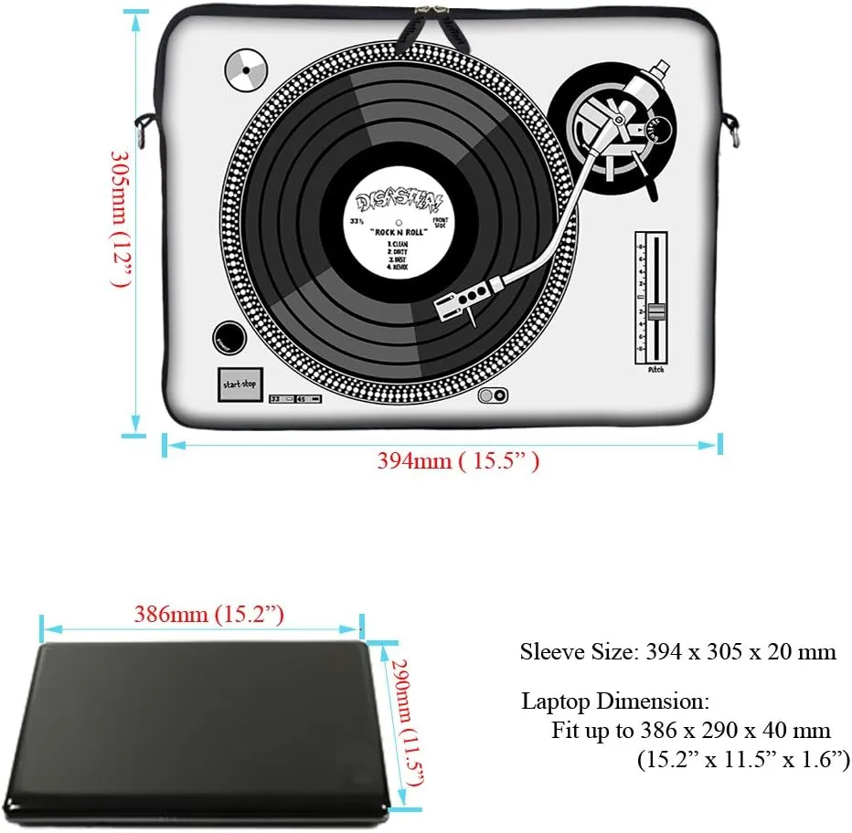 Meffort Inc 15 15.6 inch Neoprene Laptop Sleeve Bag Carrying Case with Hidden Handle and Adjustable Shoulder Strap - Record Player