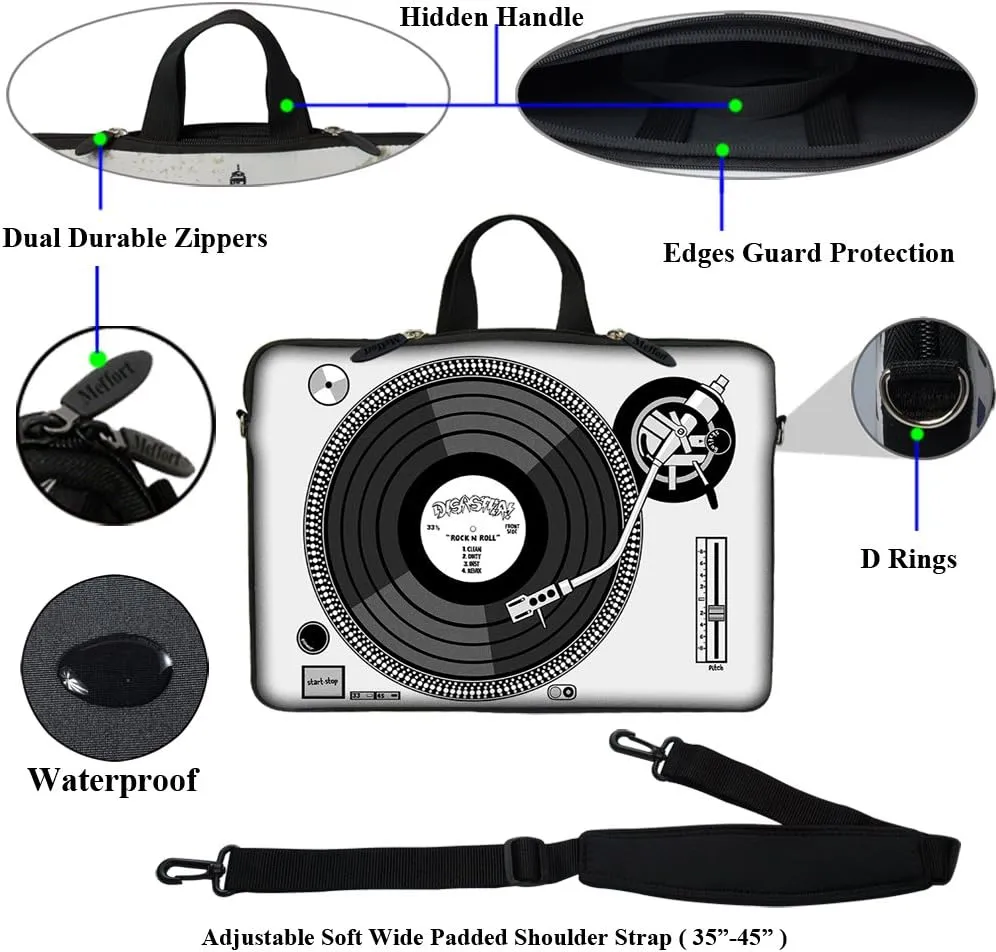 Meffort Inc 15 15.6 inch Neoprene Laptop Sleeve Bag Carrying Case with Hidden Handle and Adjustable Shoulder Strap - Record Player