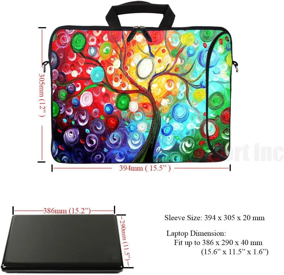 Meffort Inc 15.6 Inch Neoprene Laptop Bag – Water Resistant, Reinforced Zipper, Adjustable Shoulder Strap, Extra Side Pocket, Fits 15 to 15.6 Inch Laptops - Colorful Tree