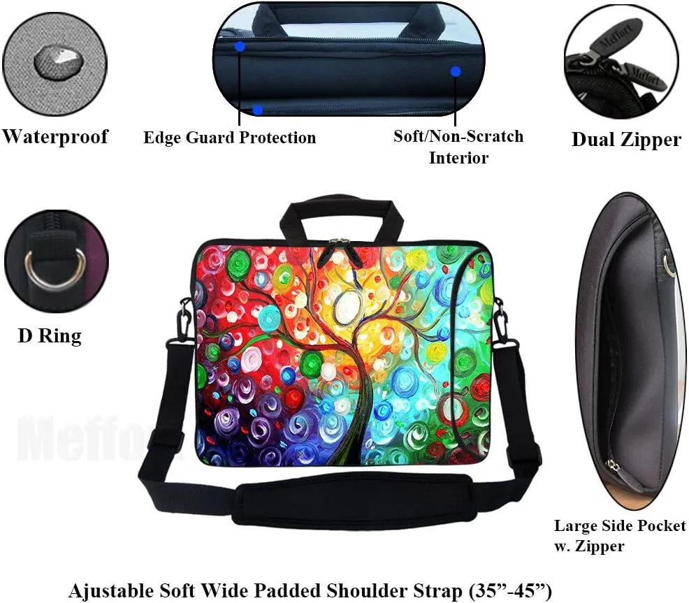 Meffort Inc 15.6 Inch Neoprene Laptop Bag – Water Resistant, Reinforced Zipper, Adjustable Shoulder Strap, Extra Side Pocket, Fits 15 to 15.6 Inch Laptops - Colorful Tree