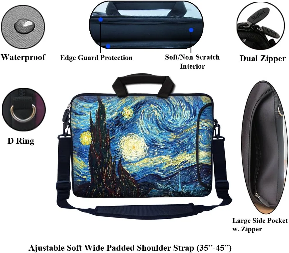 Meffort Inc® 17 17.3 inch Neoprene Laptop Bag Sleeve with Extra Side Pocket, Soft Carrying Handle & Removable Shoulder Strap for 16" to 17.3" Size Notebook Computer - The Starring Night