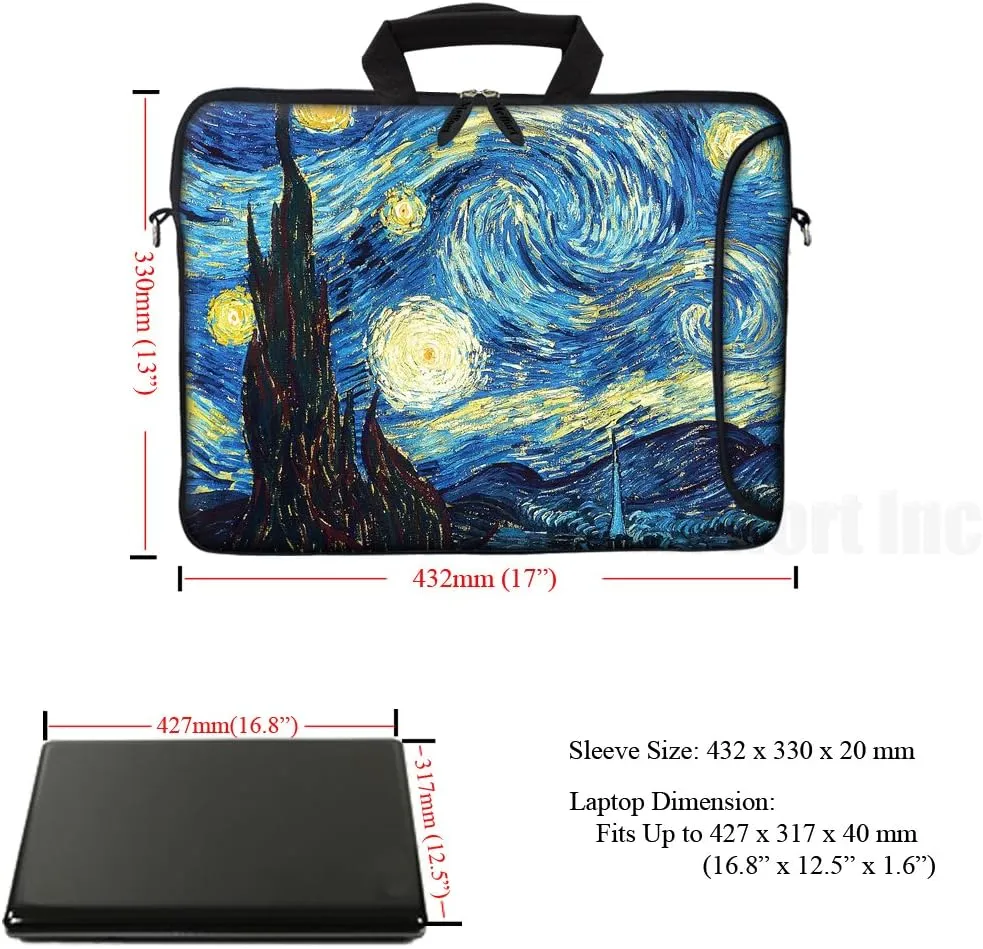 Meffort Inc® 17 17.3 inch Neoprene Laptop Bag Sleeve with Extra Side Pocket, Soft Carrying Handle & Removable Shoulder Strap for 16" to 17.3" Size Notebook Computer - The Starring Night