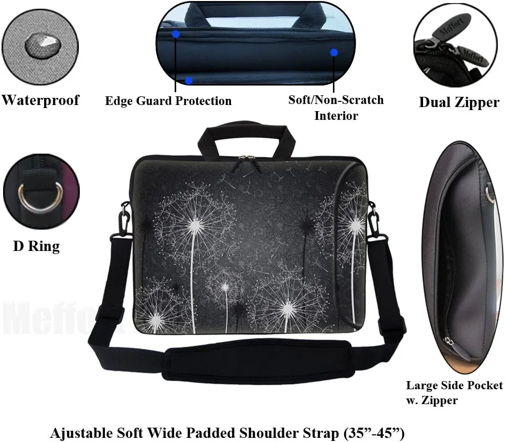 Meffort Inc 17 Inch Neoprene Laptop Bag with Extra Side Pocket, Soft Carrying Handle & Removable Shoulder Strap Fit 16" to 17.3" Size - Black White Dandelion
