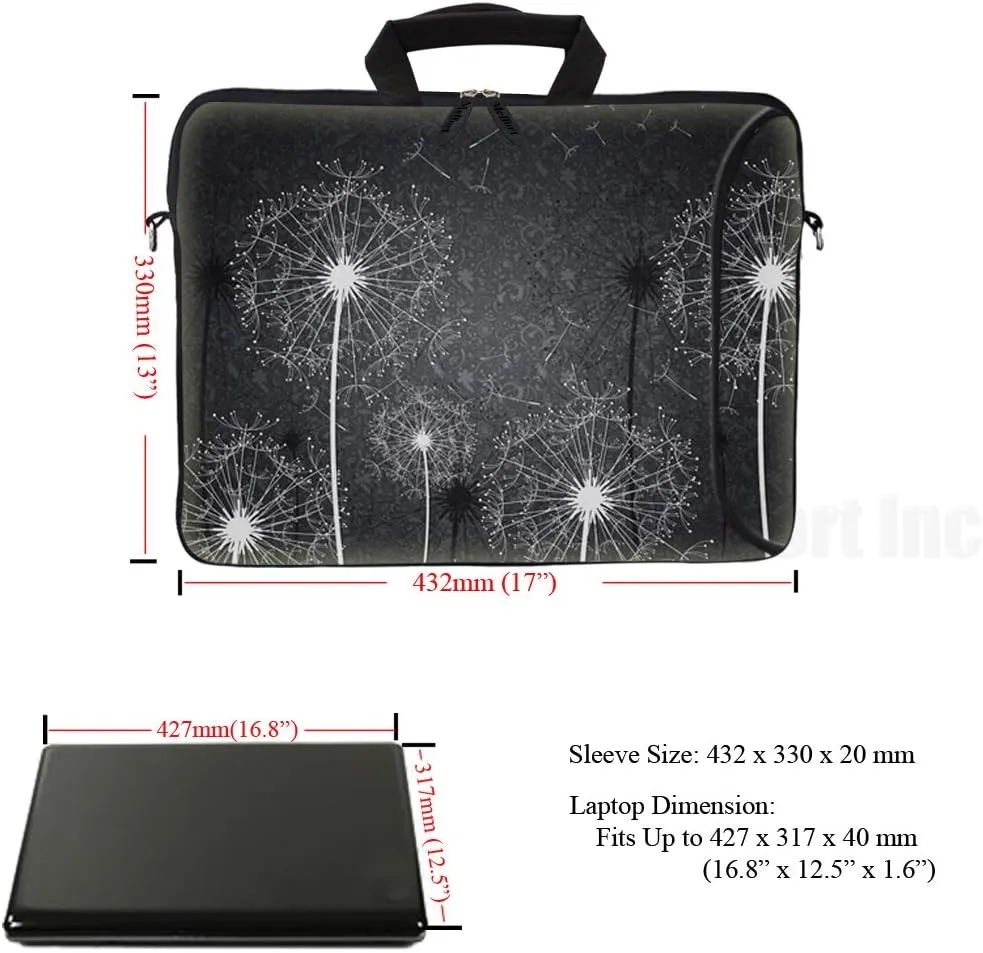 Meffort Inc 17 Inch Neoprene Laptop Bag with Extra Side Pocket, Soft Carrying Handle & Removable Shoulder Strap Fit 16" to 17.3" Size - Black White Dandelion