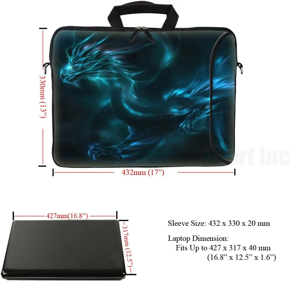 Meffort Inc 17 Inch Neoprene Laptop Bag with Extra Side Pocket, Soft Carrying Handle & Removable Shoulder Strap Fit 16" to 17.3" Size - Blue Dragon