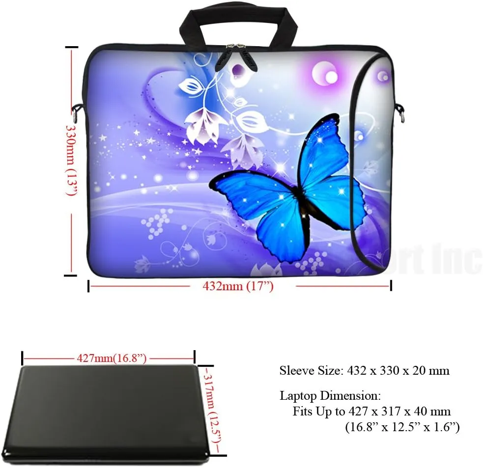 Meffort Inc 17 Inch Neoprene Laptop Bag with Extra Side Pocket, Soft Carrying Handle & Removable Shoulder Strap Fit 16" to 17.3" Size - Blue Purple Butterfly
