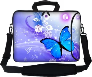 Meffort Inc 17 Inch Neoprene Laptop Bag with Extra Side Pocket, Soft Carrying Handle & Removable Shoulder Strap Fit 16" to 17.3" Size - Blue Purple Butterfly
