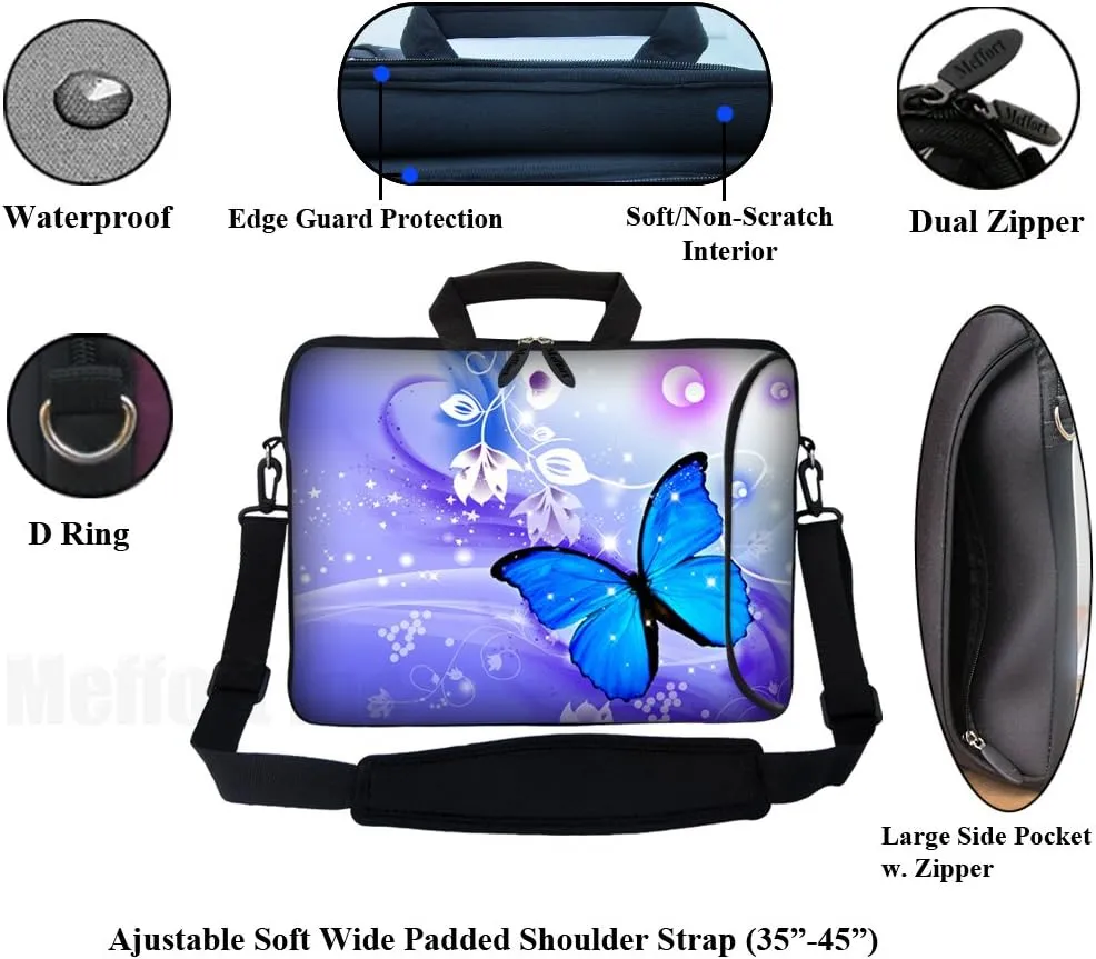 Meffort Inc 17 Inch Neoprene Laptop Bag with Extra Side Pocket, Soft Carrying Handle & Removable Shoulder Strap Fit 16" to 17.3" Size - Blue Purple Butterfly