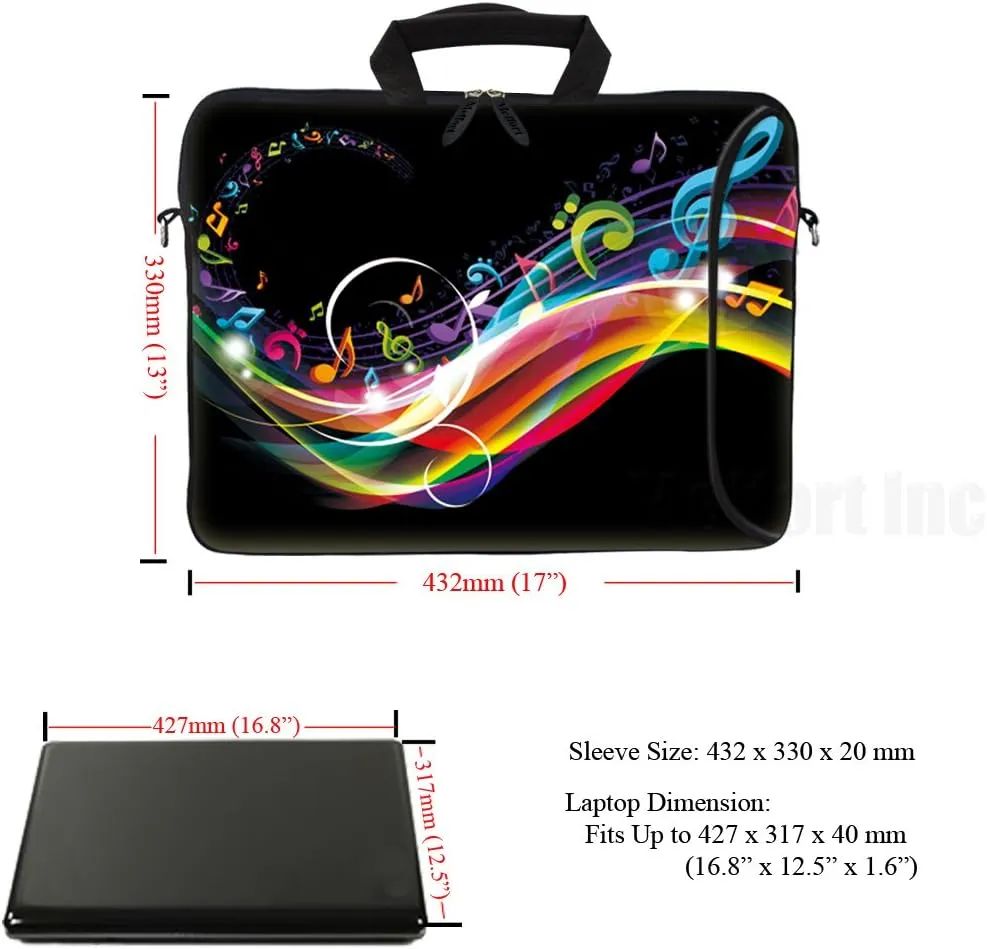 Meffort Inc 17 Inch Neoprene Laptop Bag with Extra Side Pocket, Soft Carrying Handle & Removable Shoulder Strap Fit 16" to 17.3" Size - Rainbow Music Note