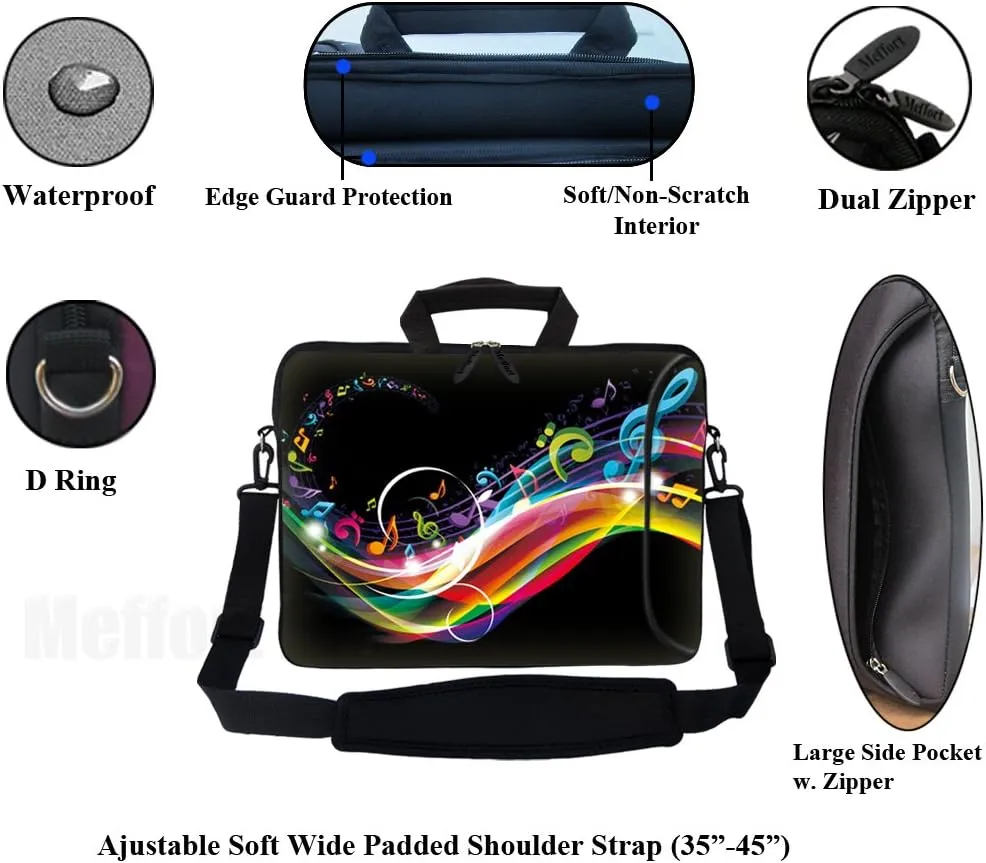 Meffort Inc 17 Inch Neoprene Laptop Bag with Extra Side Pocket, Soft Carrying Handle & Removable Shoulder Strap Fit 16" to 17.3" Size - Rainbow Music Note