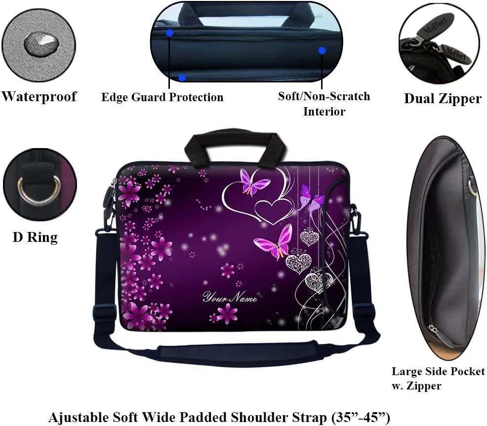 Meffort Inc Custom/Personalized Laptop Bag with Side Pocket & Shoulder Strap for Notebook Ultrabook Chromebook, Customized Your Name (13.3 Inch, Heart Butterflies A)