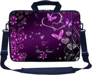 Meffort Inc Custom/Personalized Laptop Bag with Side Pocket & Shoulder Strap for Notebook Ultrabook Chromebook, Customized Your Name (13.3 Inch, Heart Butterflies A)