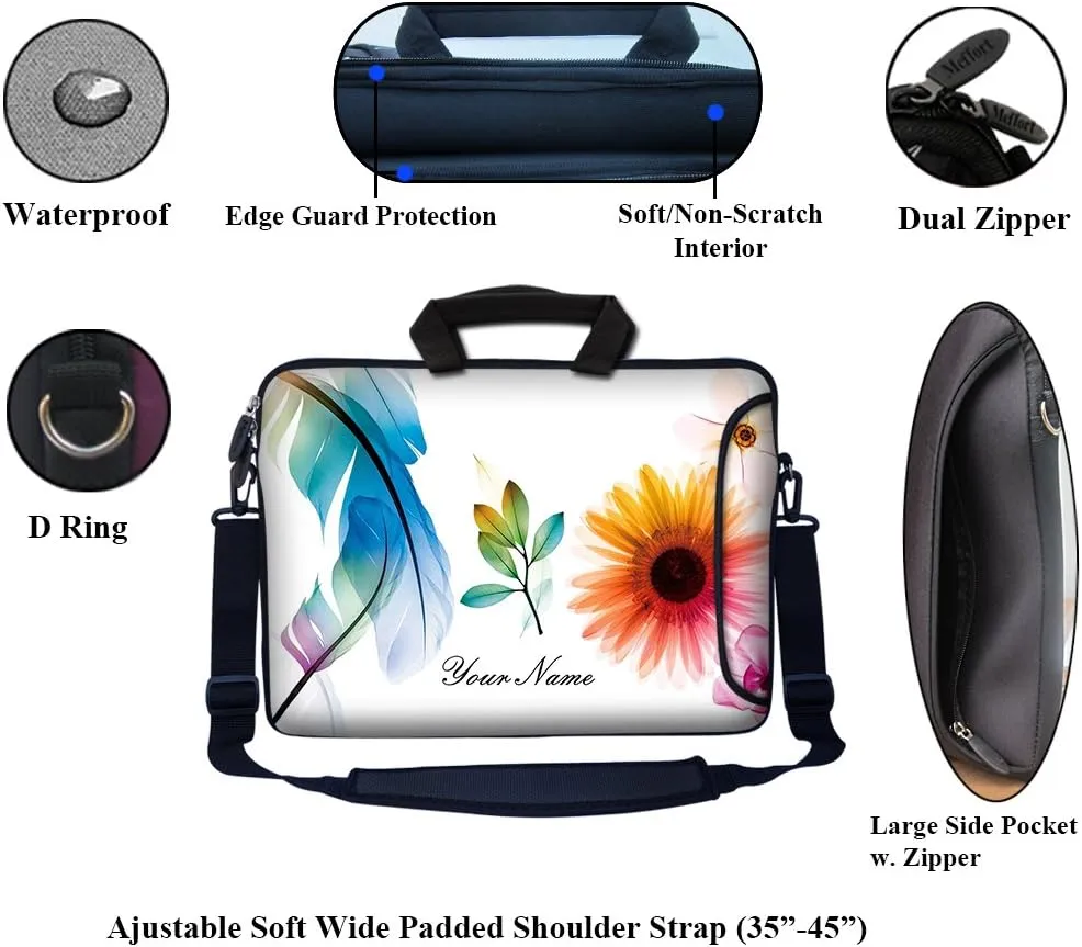 Meffort Inc Custom/Personalized Laptop Bag with Side Pocket & Shoulder Strap for Notebook Ultrabook Chromebook, Customized Your Name (13.3 Inch, White Flower Leaves)