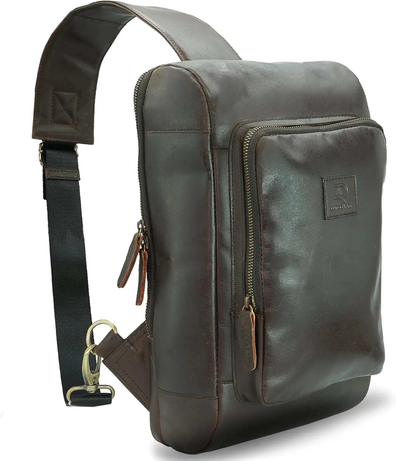 Men's Leather Sling Bag – Small Vintage Full Grain Crazy Horse Leather Crossbody Daypack for Travel (Natural Brown)