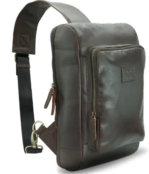 Men's Leather Sling Bag – Small Vintage Full Grain Crazy Horse Leather Crossbody Daypack for Travel (Natural Brown)