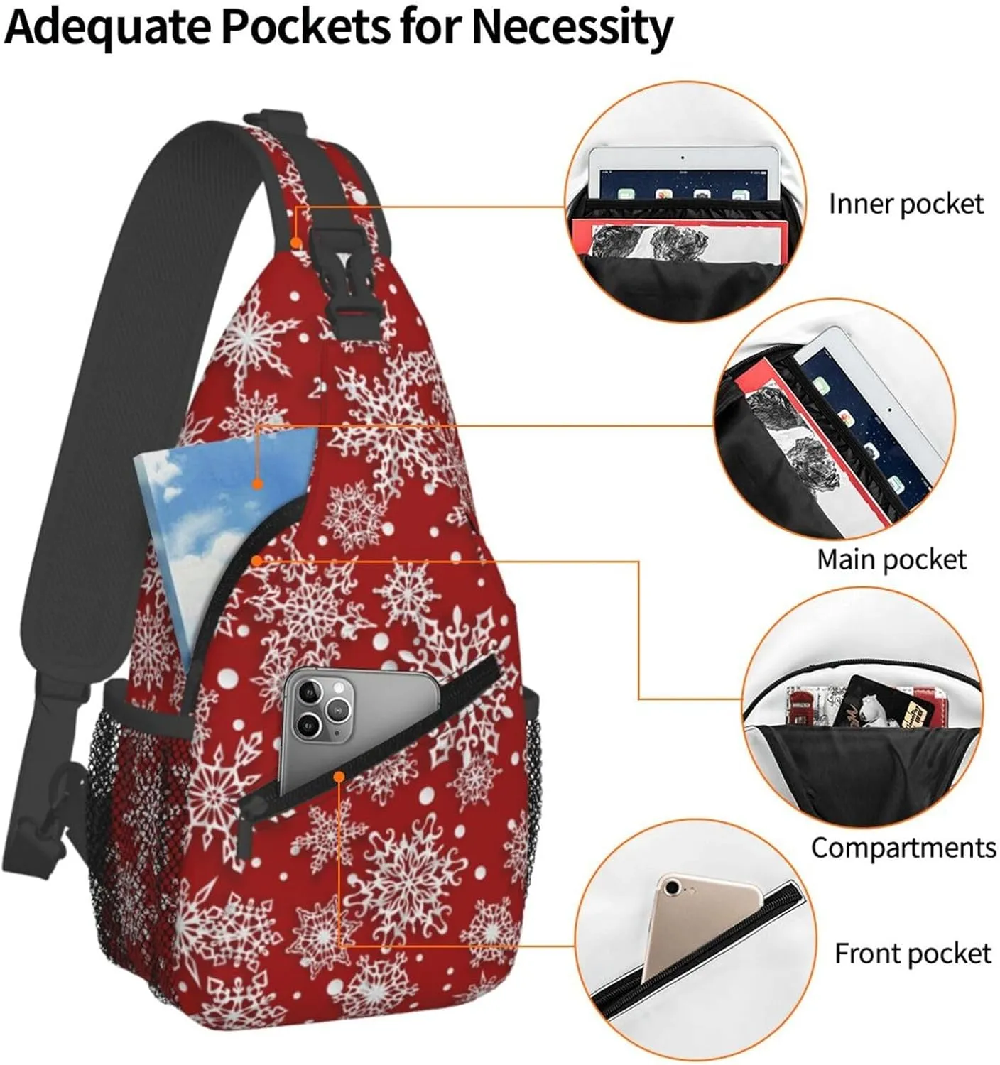 Merry Christmas Sling Backpack,Christmas Snowflake Crossbody Shoulder Backpack Adjustable Sling Bag for Men Women