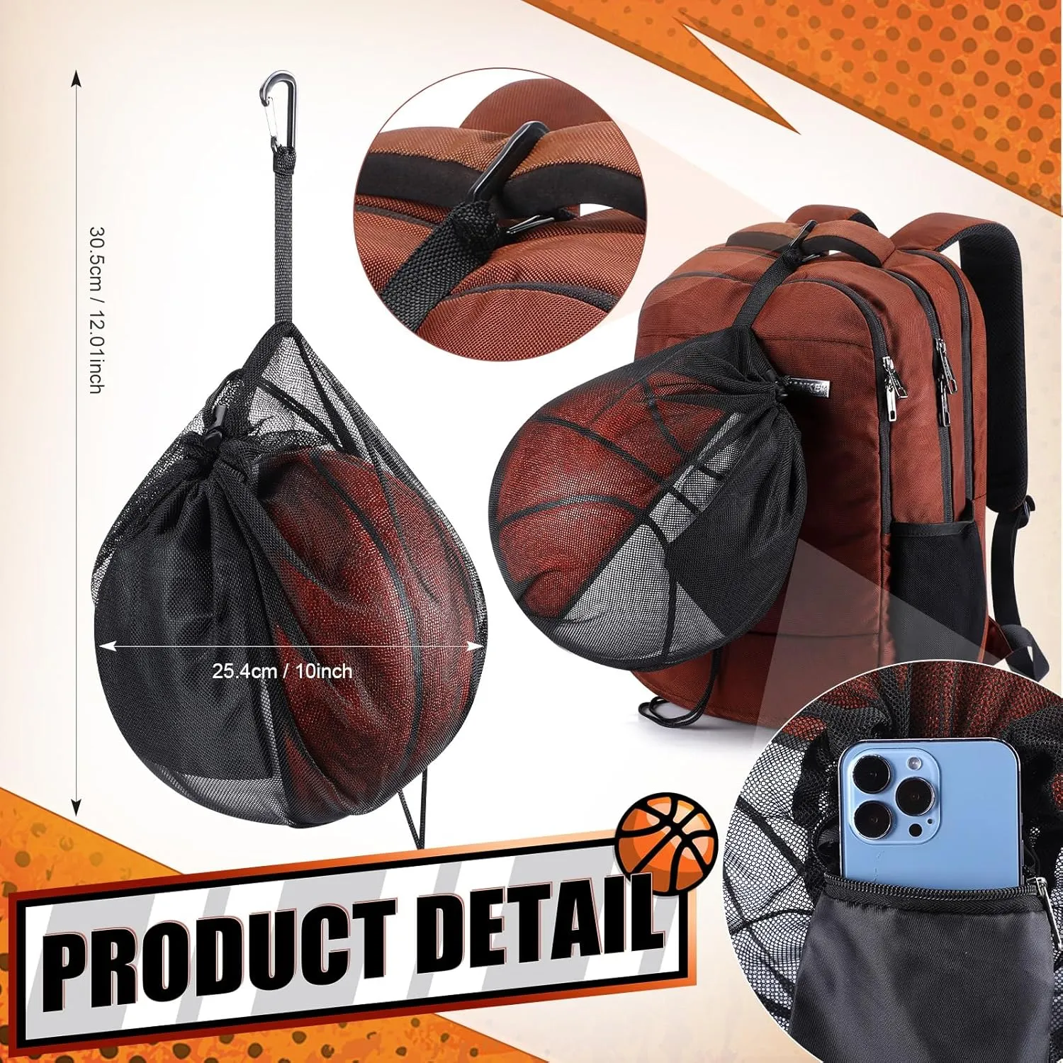 Mesh Ball Bags Basketball Volleyball Football Single Storage Bag with Zipper Pocket Drawstring Sling Back Bag D Rings for Carrying Ball