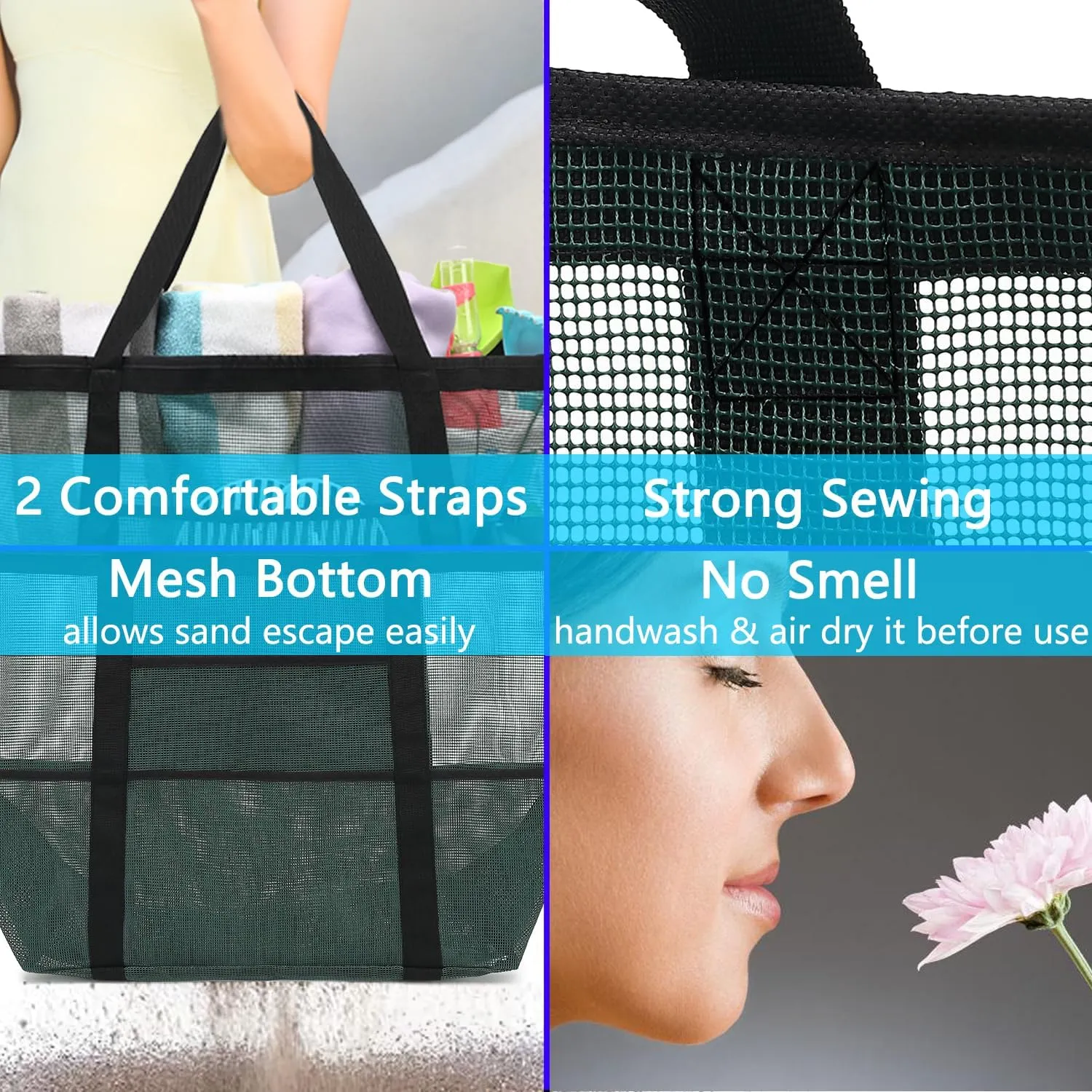 Mesh Beach Bag, Large Beach Tote with Zipper Pocket for Family Pool Bag for Toys & Vacation Essentials